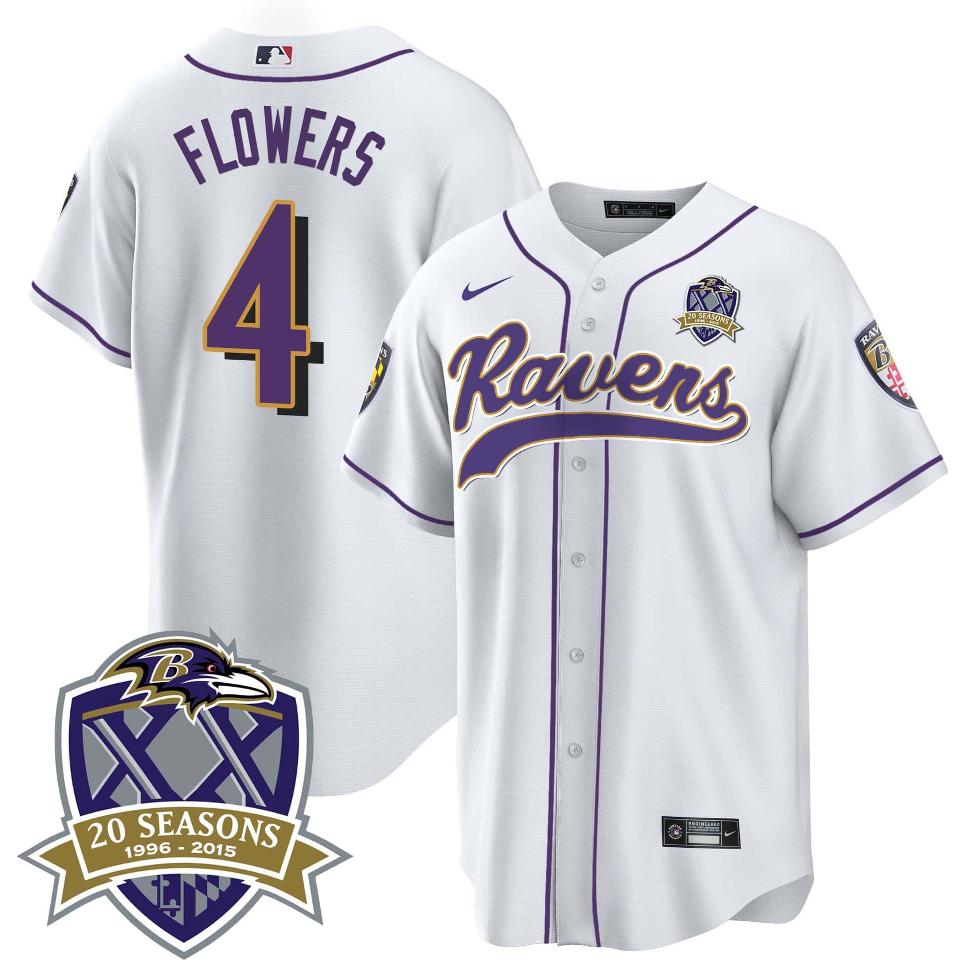 Men Baltimore Ravens #4 Flowers White 2024 Nike 20th Season Patch Baseball NFL Jersey